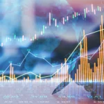 This digital image features business and financial data charts on top of a world map illustration. The graphs show market trends and values increasing over time.
