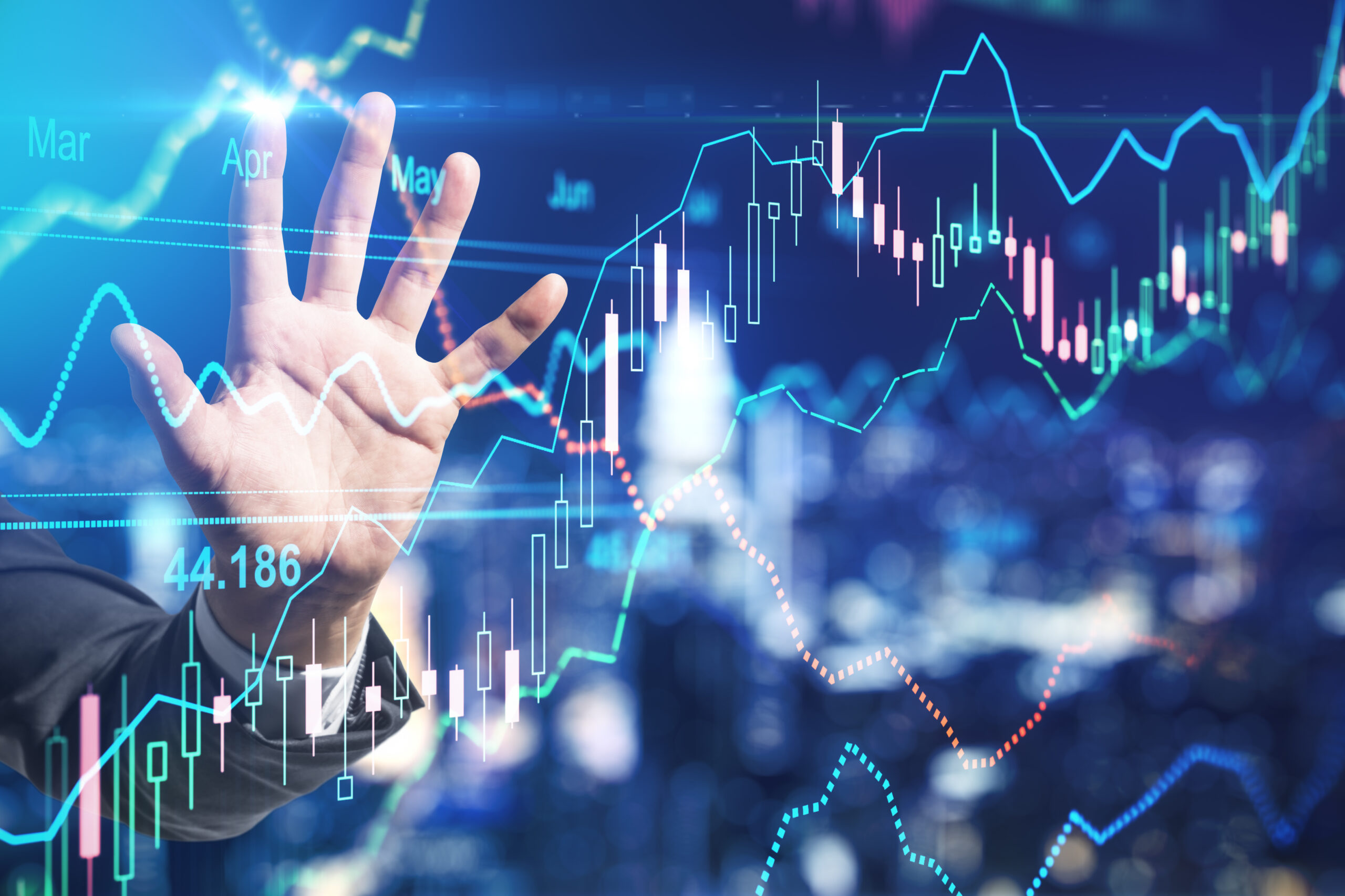 Stock market investment concept with businessman hand touching digital screen with forex chart indicators