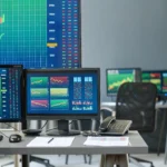 The photograph features a collection of computer monitors displaying financial data and stock market information.