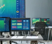 The photograph features a collection of computer monitors displaying financial data and stock market information.