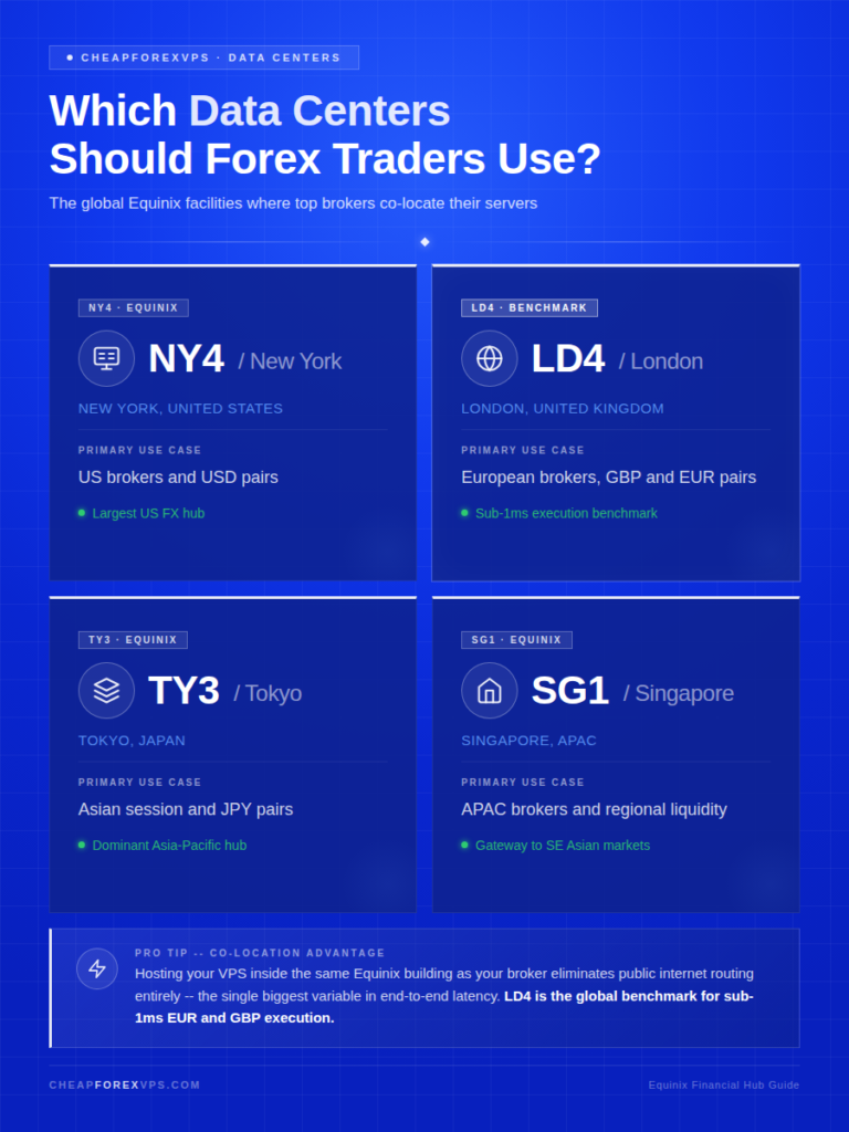 Which Data Centers Should Forex Traders Use — four Equinix hubs compared: NY4 New York for US brokers and USD pairs, LD4 London for European brokers and GBP/EUR pairs with sub-1ms execution, TY3 Tokyo for Asian session and JPY pairs, and SG1 Singapore for APAC brokers and regional liquidity. Pro tip: co-locating your VPS in the same Equinix building as your broker eliminates public internet routing entirely.
