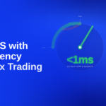 Best VPS with Low Latency for Forex Trading — a speedometer showing under 1ms ultra-low latency alongside an EA execution flow diagram: market signal active, EA processing at under 0.1ms, and order execution filled.