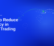 How to Reduce Latency in Forex Trading — a global network map highlighting active Equinix nodes in New York, London, Frankfurt, Tokyo, and Singapore, with the nearest node shown as Tokyo TY3 at 0.3ms latency.