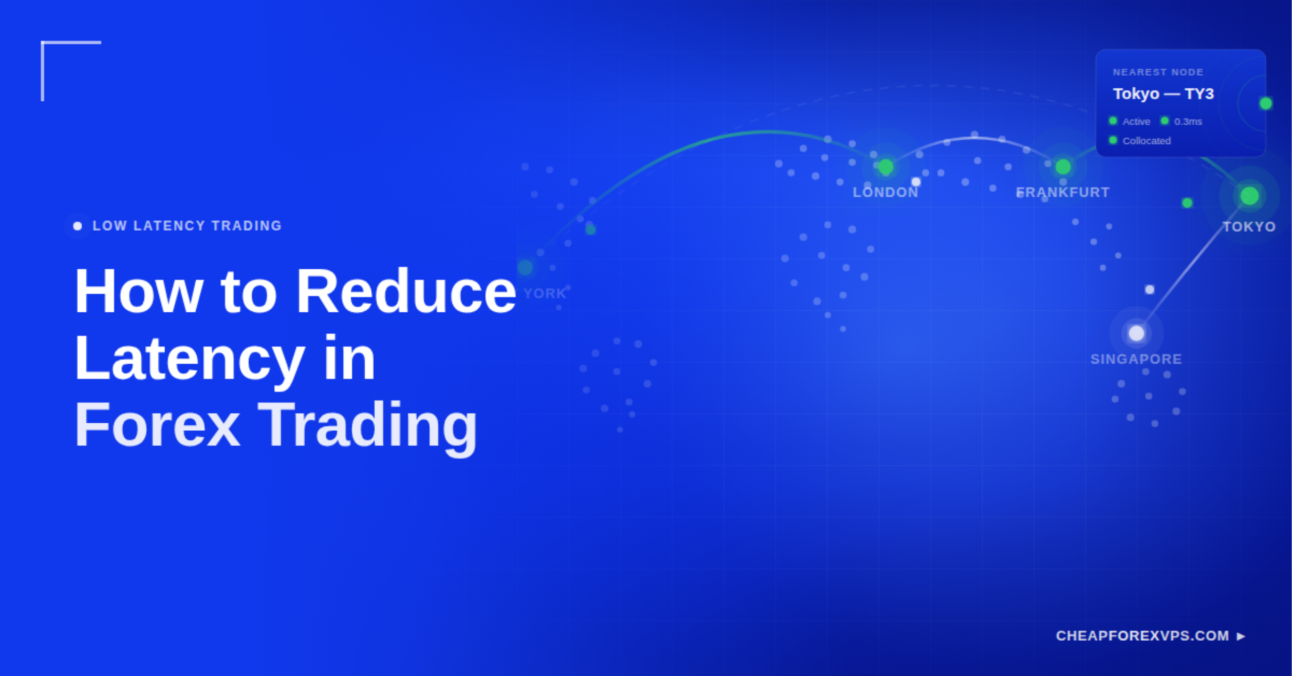 How to Reduce Latency in Forex Trading — a global network map highlighting active Equinix nodes in New York, London, Frankfurt, Tokyo, and Singapore, with the nearest node shown as Tokyo TY3 at 0.3ms latency.