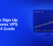 How to Sign Up for a Forex VPS: An MT4 Guide — a monitor displaying a live EUR/USD candlestick chart on a 15-minute timeframe at 1.0955, illustrating MT4 running on a forex VPS.