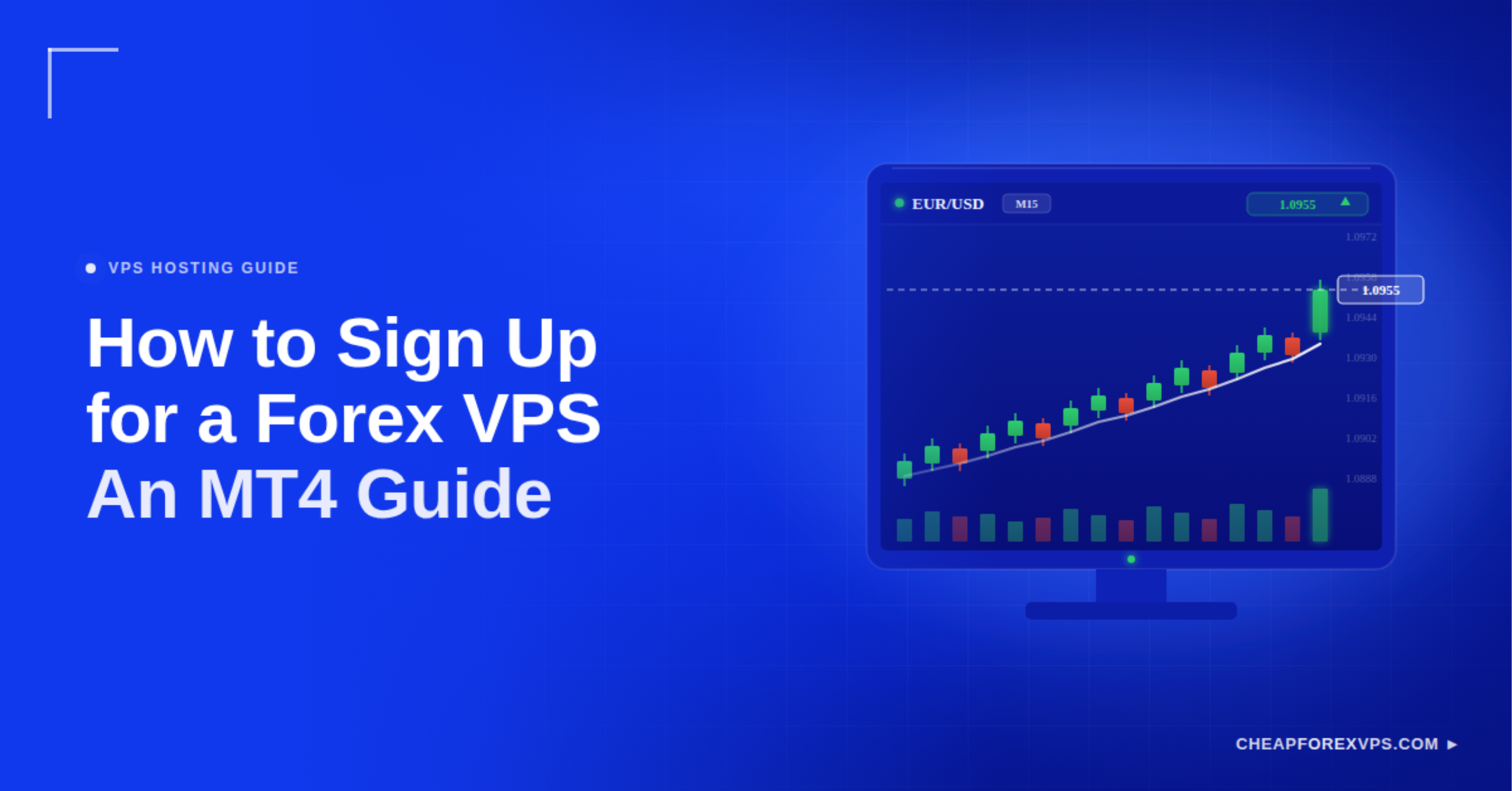 How to Sign Up for a Forex VPS: An MT4 Guide — a monitor displaying a live EUR/USD candlestick chart on a 15-minute timeframe at 1.0955, illustrating MT4 running on a forex VPS.