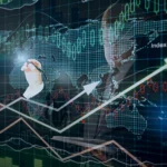 An adult in a business suit is shown partially superimposed over a world map and financial charts. The person is holding a marker and appears to be analyzing the stock market. Arrows on the charts point upwards. The overlay of financial data and the global map suggests themes of global finance, market analysis, and investment strategy. The image is well-suited for content related to economics, business strategy, international trade, and financial forecasting.
