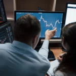 Two financial analysts, a man and a woman, are reviewing data displayed on multiple computer monitors. The monitors show charts and graphs with fluctuating lines.