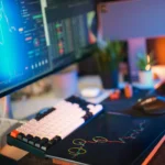 Modern-workspace-with-screens-displaying-cryptocurrency-market-data-and-trends