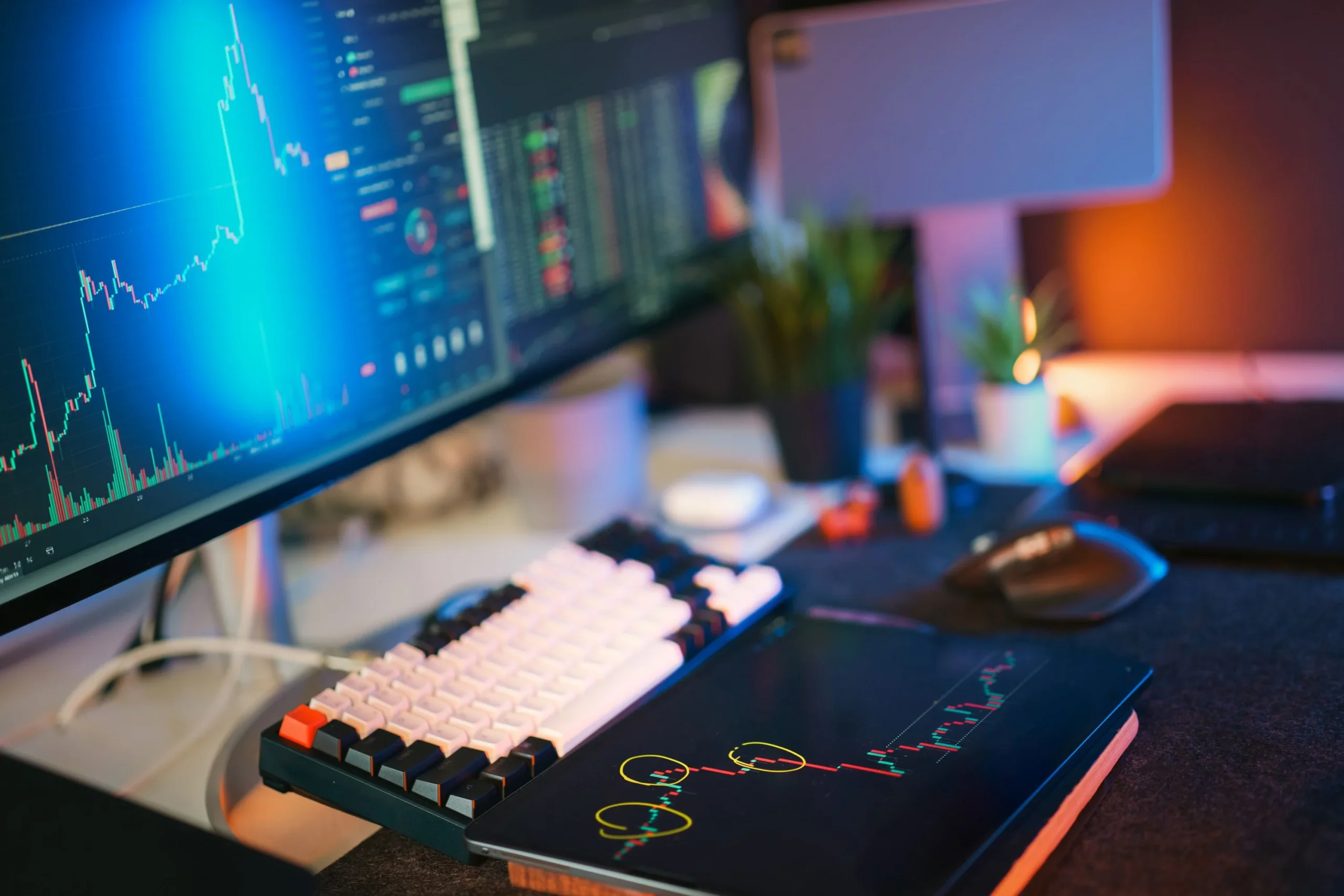 Modern-workspace-with-screens-displaying-cryptocurrency-market-data-and-trends