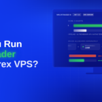Blue CheapForexVPS blog header reading "Can You Run NinjaTrader on a Forex VPS?" with a monitor showing a NinjaTrader 8 resource panel comparing its memory use against MT4's 512MB at the same chart count, workspace allocations of 1.6GB and 0.9GB, 98% RAM used, and a recommended 8GB.