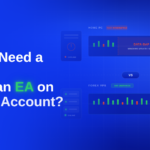 Blue CheapForexVPS blog header reading "Do You Need a VPS to Test an EA on a Demo Account?" comparing an offline home PC with an interrupted chart showing a data gap from a Windows update or sleep, against a forex VPS running an unbroken 24/5 MT4 demo chart.