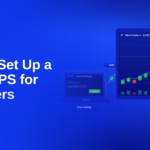 Blue CheapForexVPS blog header reading "How to Set Up a Forex VPS for Beginners" with an illustration of a laptop connecting via Remote Desktop to a VPS running a MetaTrader 4 EURUSD candlestick chart.
