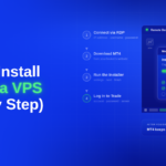 Blue CheapForexVPS blog header reading "How to Install MT4 on a VPS (Step by Step)" with a four-step list — connect via RDP, download MT4, run the installer, log in to trade — beside a Remote Desktop window showing a MetaTrader 4 setup progress bar at 74%.