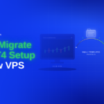 Blue CheapForexVPS blog header reading "How to Migrate Your MT4 Setup to a New VPS," showing an old VPS monitor transferring MQL4 files, templates, and profiles to a new VPS where the MT4 terminal is restored and migration ready.